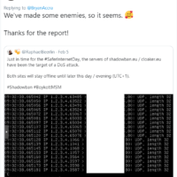 The founder of shaowban.eu confirming his website came under a DoS attack after I informed it that it was no longer working after showing how I was being censored.